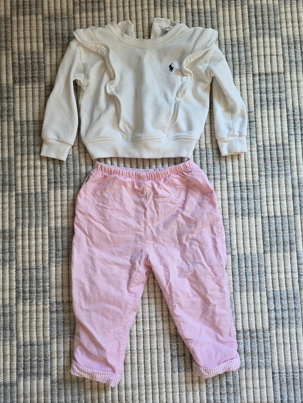 Ralph Lauren Baby White Ruffle Sweatshirt & Pink Cotton Pants Bundle